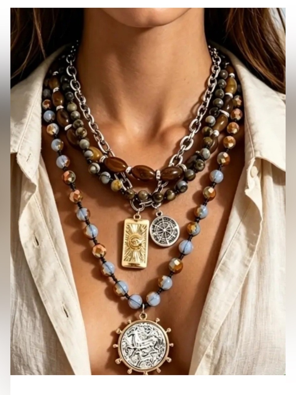 Unique Layered Brown and Blue Beaded Pendant 4 Single Strand Necklaces -